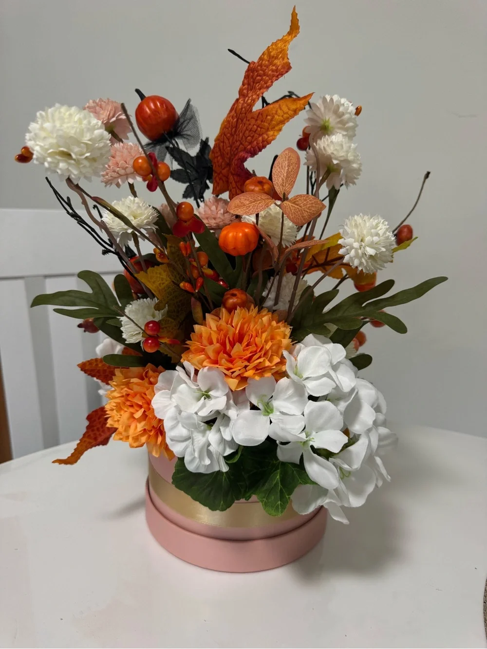 Autumn Pumpkin & Sunflower Arrangement - Orange, White, Cream